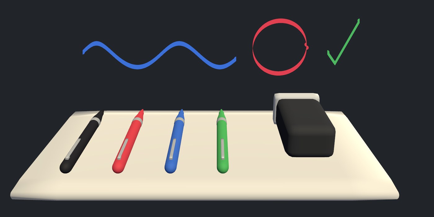 A slim pen set and eraser on a tray, with blue, red and green ink drawn in the air above it