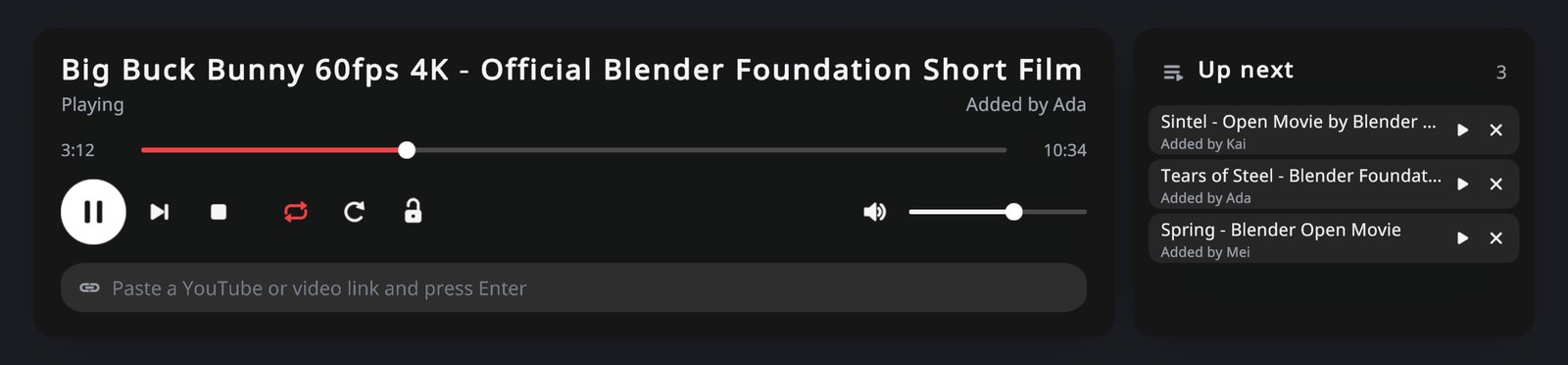 The default panel: title, progress, transport buttons, volume, the link field and the queue